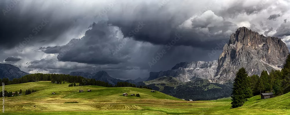Fototapeta Burza nad górami Dolomiti w sezonie letnim z łąką na pierwszym planie
