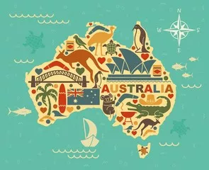Fototapeta Stylizowana mapa Australii z symbolami australijskiej kultury i przyrody