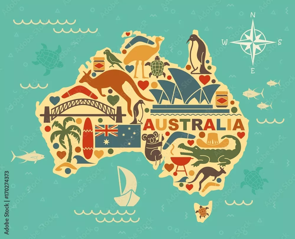 Fototapeta Stylizowana mapa Australii z symbolami australijskiej kultury i przyrody