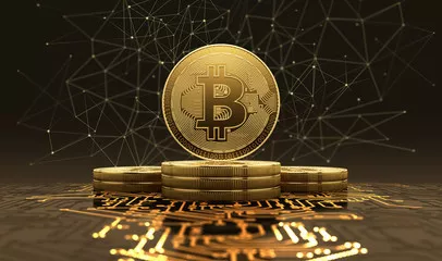Fototapeta Złote bitcoiny koncepcja kryptowaluty - Ilustracja 3D
