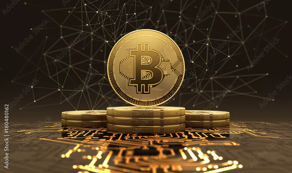 Fototapeta Złote bitcoiny koncepcja kryptowaluty - Ilustracja 3D