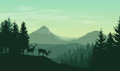 Fototapeta Wektorowy krajobraz atmosferyczny z sylwetkami gór, wzgórz, lasów i dwóch jeleni