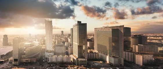 Obraz Panorama Nowoczesnego Centrum Warszawy o Zachodzie Słońca