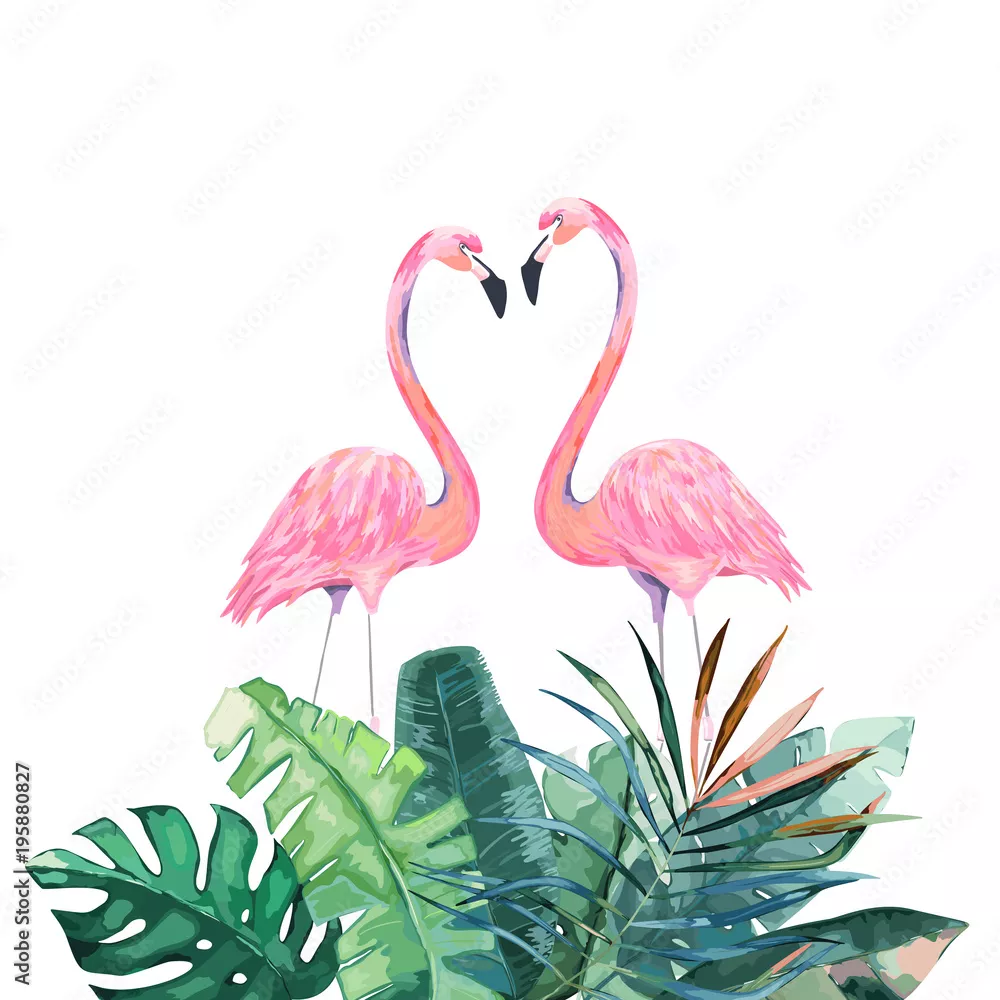 Fototapeta Para różowych flamingów. Tropikalny nadruk na zaproszenie, urodziny, uroczystość, kartkę z życzeniami. Ilustracji wektorowych