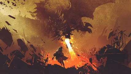 Fototapeta scena fantasy przedstawiająca młodego chłopca uciekającego przed smokiem ognia, styl sztuki cyfrowej, malarstwo ilustracyjne