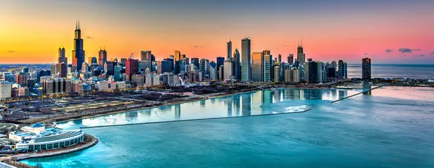 Fototapeta Zachód słońca za Chicago w zimie