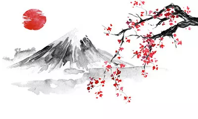 Fototapeta Tradycyjne japońskie malarstwo sumi-e. Ilustracja atramentu indyjskiego. Japoński obraz. Sakura, słońce i góra