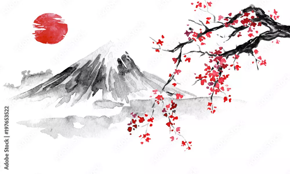 Fototapeta Tradycyjne japońskie malarstwo sumi-e. Ilustracja atramentu indyjskiego. Japoński obraz. Sakura, słońce i góra