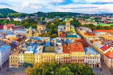 Fototapeta Widok z lotu ptaka na Stare Miasto we Lwowie, Ukraina