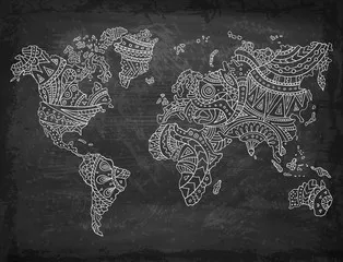 Obraz Artystyczna Mapa Świata w Stylu Doodle na Tablicy Korkowej