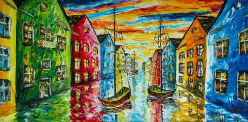 Fototapeta Oryginalny olej artystyczny i szpachelka na płótnie - Wenecja, Amsterdam grafika malarska - łodzie unoszą się w wodzie, kanał, kolorowe jasne domy - krajobraz impresjonizmu, ekspresjonizm, ilustracja