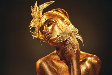 Fototapeta Kobieta moda złoty model z jasnymi złotymi iskierkami na skórze pozowanie, kwiat fantasy. Portret pięknej dziewczyny z świecącym makijażem. Błyszcząca świecąca skóra, biżuteria
