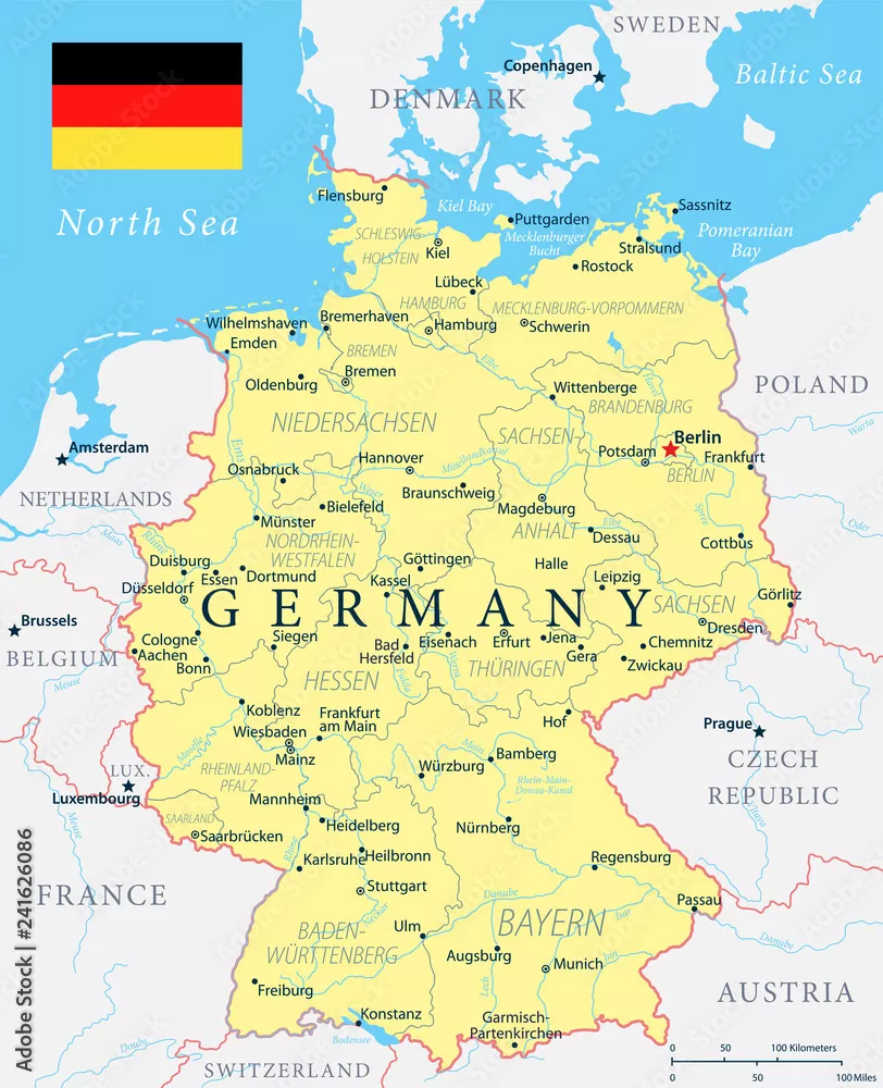 Obraz Mapa Niemiec z Flagą i Granicami Państw Sąsiednich
