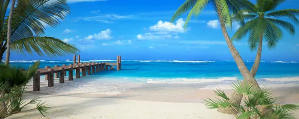 Obraz Rajska Plaża z Pomostem i Palmami