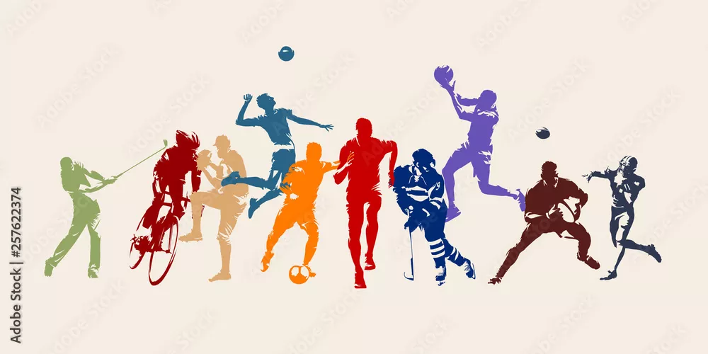 Fototapeta Sport, zbiór sportowców różnych dyscyplin sportowych. Sylwetki na białym tle wektor. Bieganie, piłka nożna, hokej, siatkówka, koszykówka, rugby, baseball, futbol amerykański, kolarstwo, golf