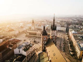 Fototapeta Kraków Bazylika Mariacka i Sukiennice Panorama z powietrza - Zachód Słońca