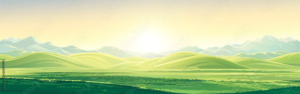 Fototapeta Górski krajobraz o świcie, wydłużony format dla wygody wykorzystania go jako tła.