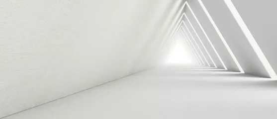 Fototapeta Pusty długi lekki korytarz. Nowoczesne białe tło. Futurystyczny tunel trójkątny science-fiction. Renderowanie 3D