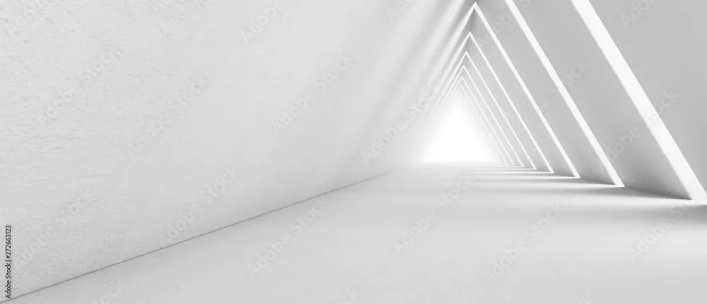 Fototapeta Pusty długi lekki korytarz. Nowoczesne białe tło. Futurystyczny tunel trójkątny science-fiction. Renderowanie 3D