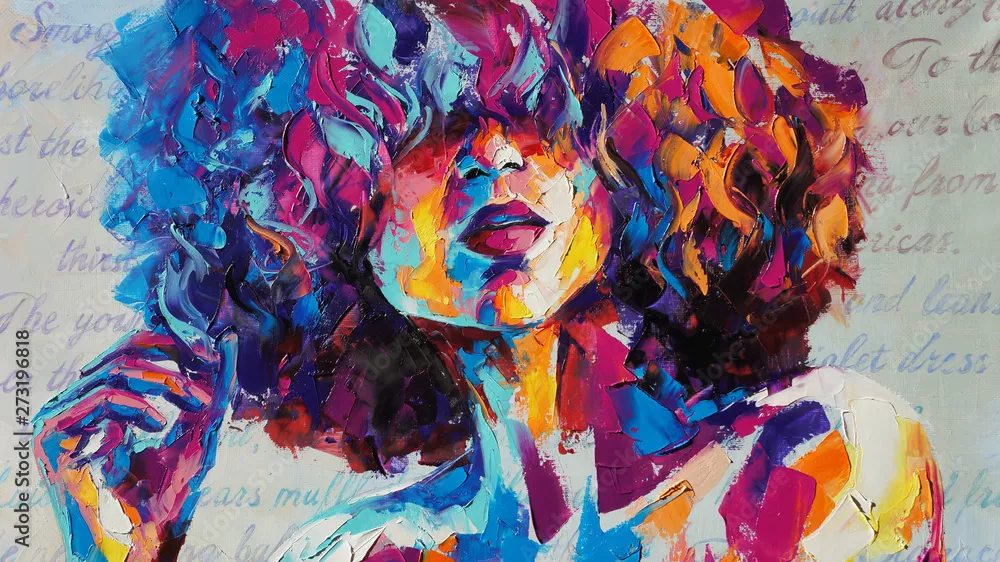 Obraz kolorowy, dynamiczny portret kobiety z kręconymi, bujnymi włosami