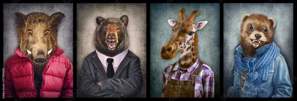 Fototapeta Zwierzęta w ubraniach. Ludzie z głowami zwierząt.