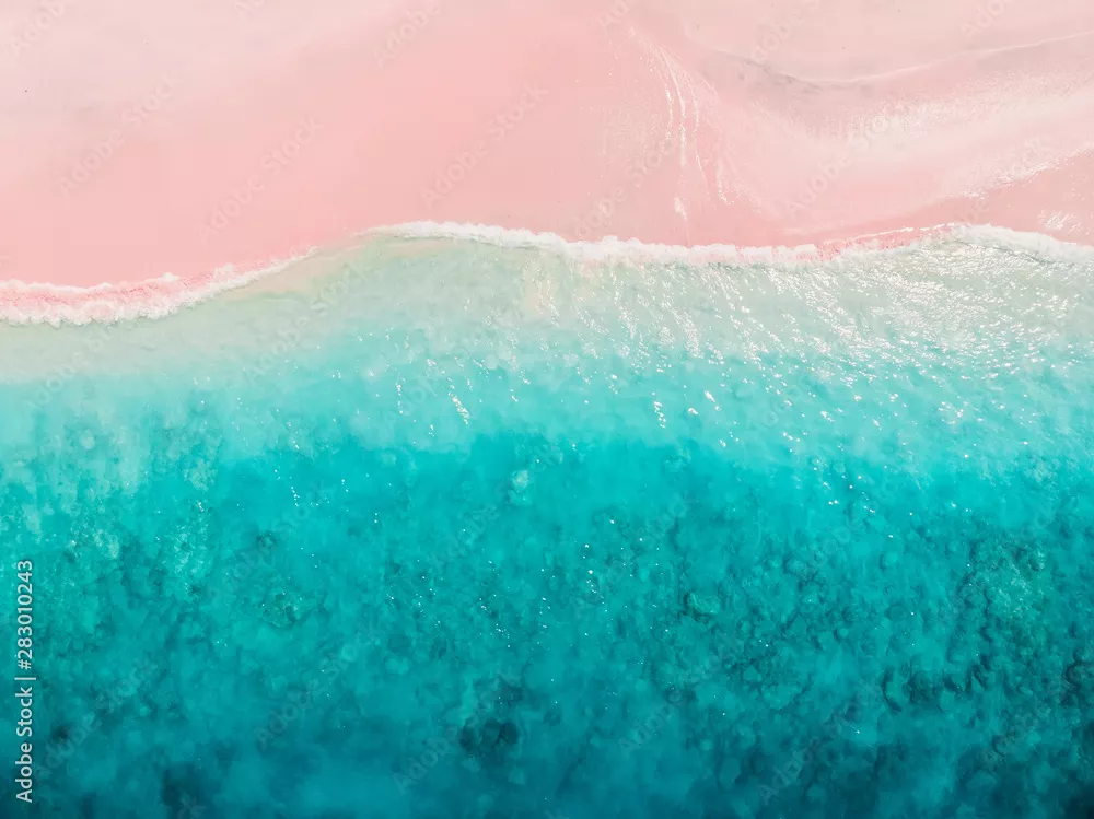Fototapeta Tropikalna różowa plaża z błękitnym oceanem. Wyspy Komodo