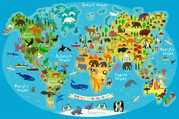 Fototapeta Ilustrowana Mapa Świata ze Zwierzętami i Atrakcjami
