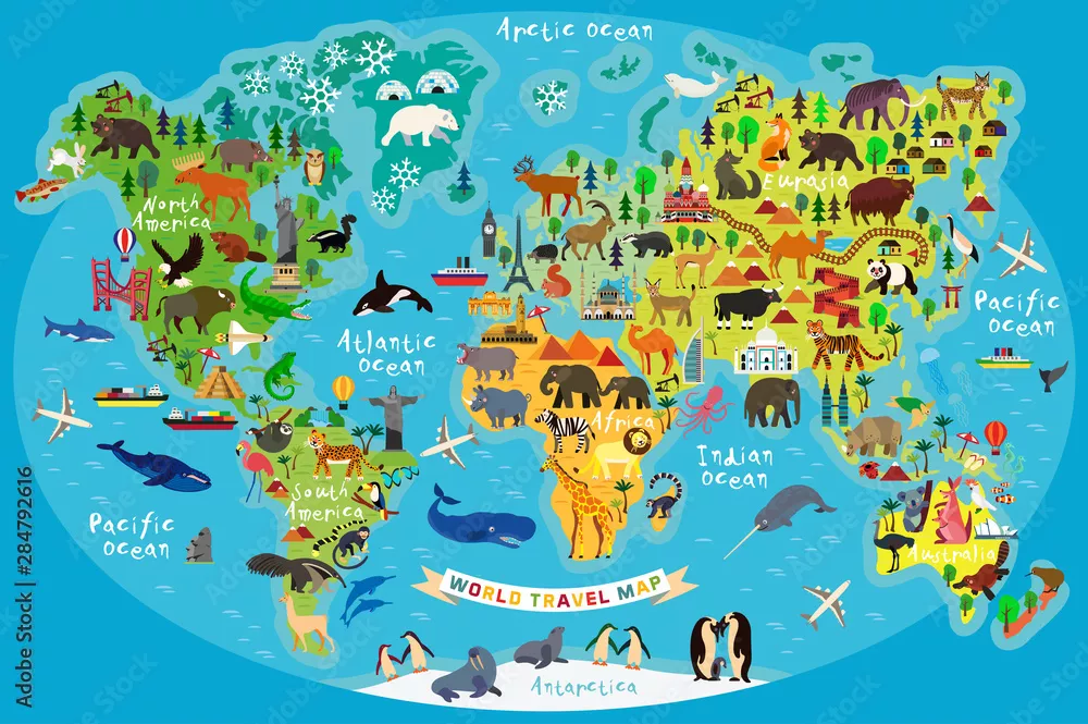 Fototapeta Ilustrowana Mapa Świata ze Zwierzętami i Atrakcjami