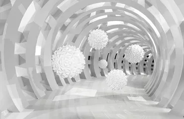 Fototapeta 3d tunel ścienny z latającymi piłkami renderowania 3d