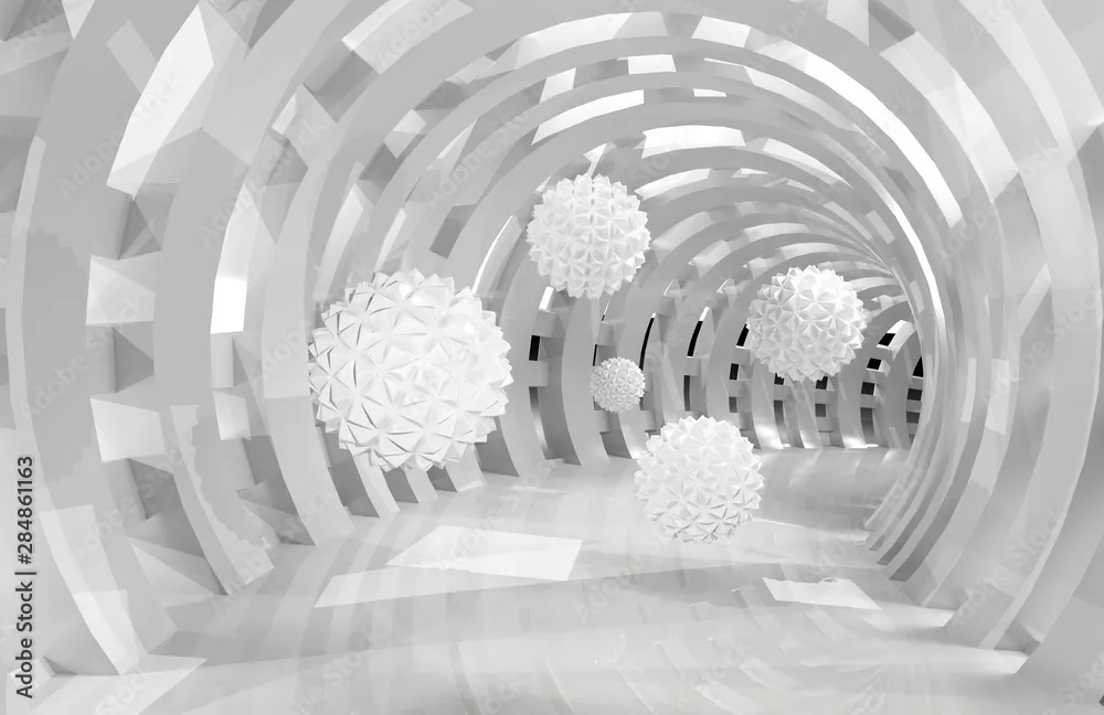 Fototapeta 3d tunel ścienny z latającymi piłkami renderowania 3d