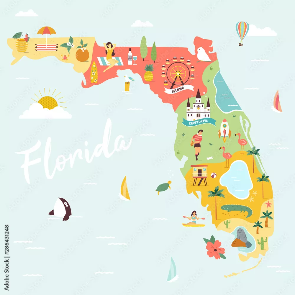 Fototapeta Ilustrowana mapa Florydy z miejscami docelowymi