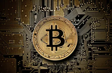 Obraz złota moneta Bitcoin na płytce komputera