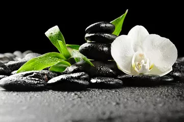 Obraz Relaks i Równowaga: Kamienie Spa z Kwiatem Orchidei