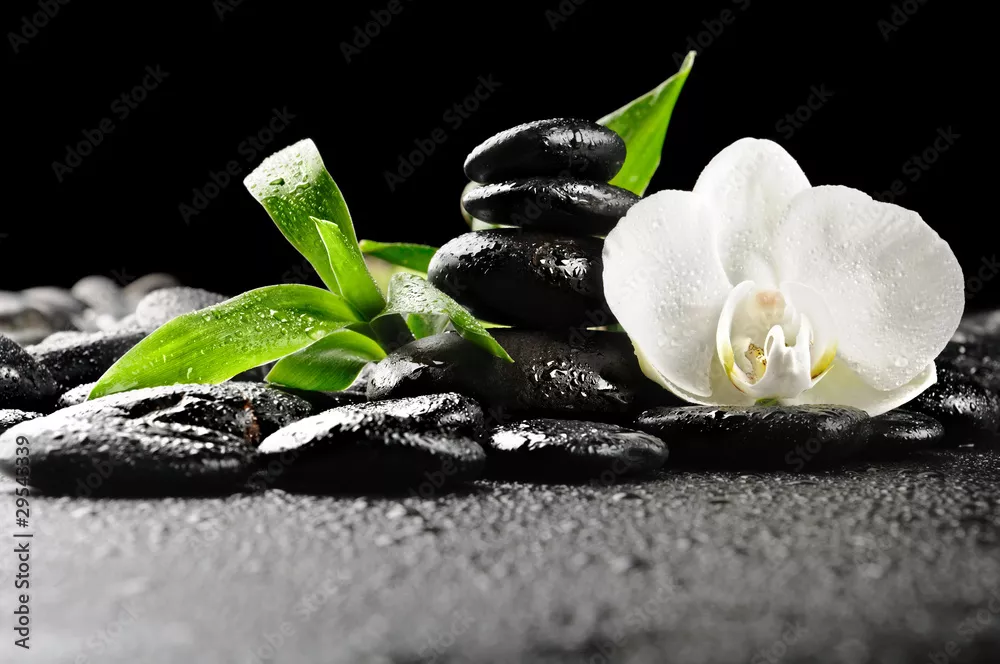 Obraz Relaks i Równowaga: Kamienie Spa z Kwiatem Orchidei