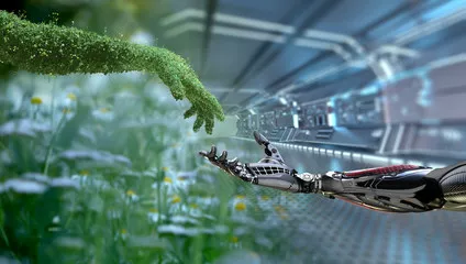 Fototapeta Zielonej technologii konceptualny projekt, ludzka ręka zakrywająca z trawą, luksusowa i mechaniczna ręka, 3d odpłacają się