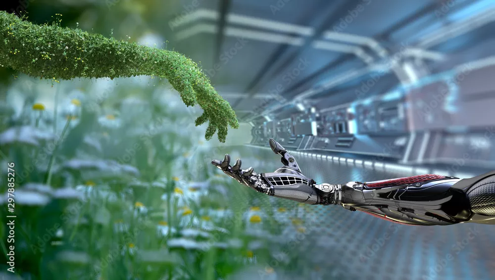 Fototapeta Zielonej technologii konceptualny projekt, ludzka ręka zakrywająca z trawą, luksusowa i mechaniczna ręka, 3d odpłacają się