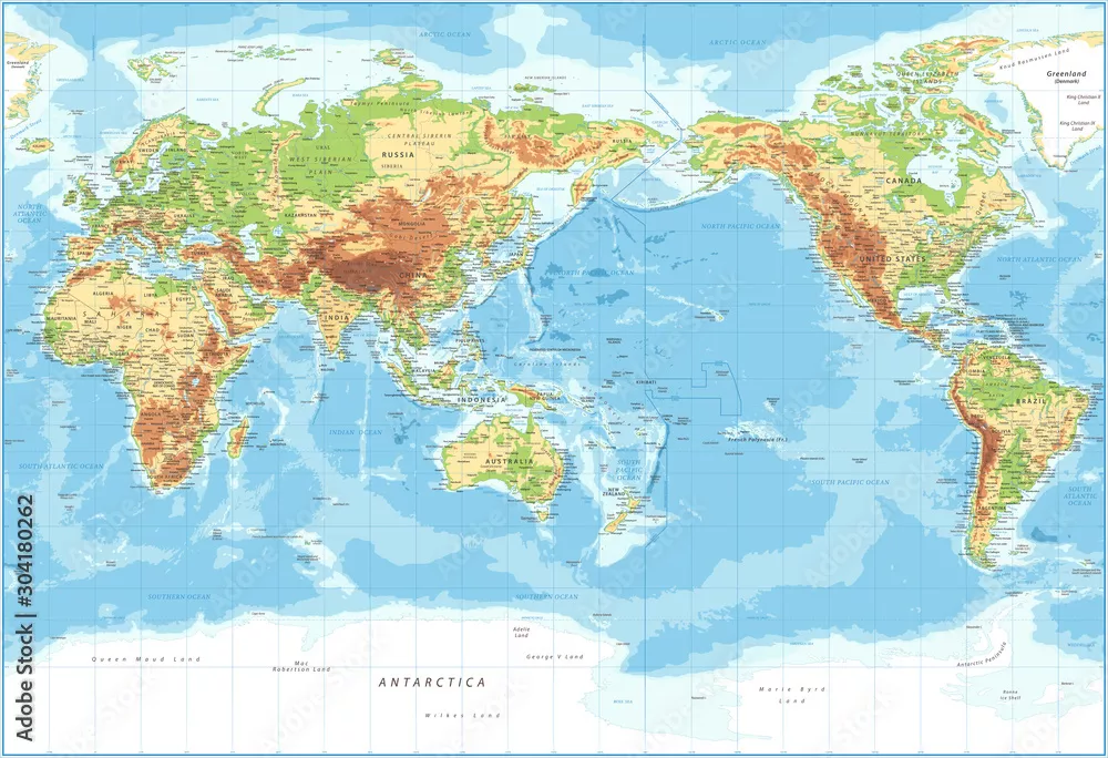 Fototapeta Mapa świata - widok na Pacyfik - fizyczna topografia - wektor Szczegółowa ilustracja