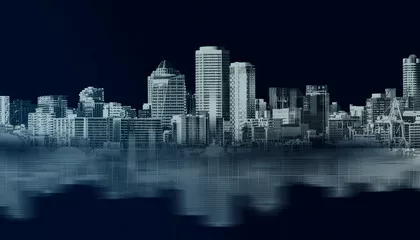 Obraz panorama miasta nocą z odbiciem w wodzie – nowoczesny krajobraz urbanistyczny