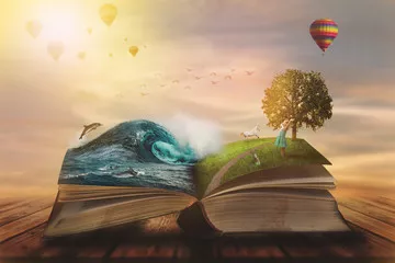 Fototapeta Koncepcja otwartej księgi magicznej; otwarte strony z wodą, lądem i małym dzieckiem. Koncepcja fantazji, przyrody lub uczenia się, z miejsca na kopię