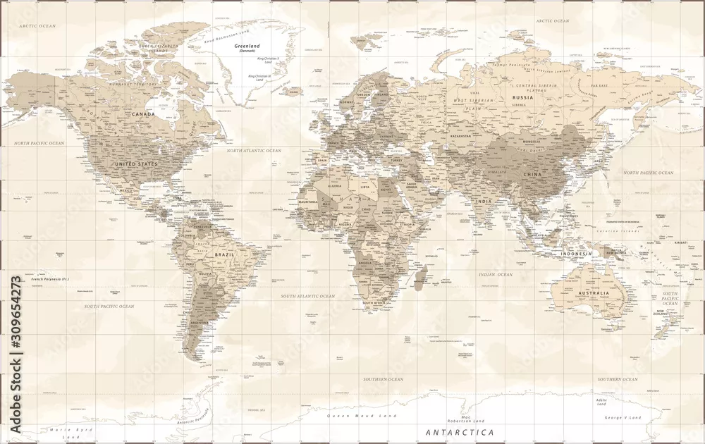 Fototapeta Mapa świata - vintage retro w starym stylu - wektor szczegółowa ilustracja