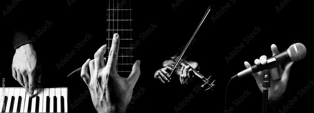 Fototapeta cztery części rąk muzyków grających na instrumencie muzycznym. tło muzyczne