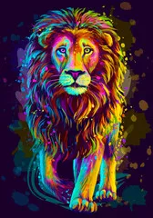 Fototapeta Lew. Artystyczny, neonowy kolor, abstrakcyjny portret lwa idącego naprzód na ciemnoniebieskim tle z akwarelowymi plamami w stylu pop-art.
