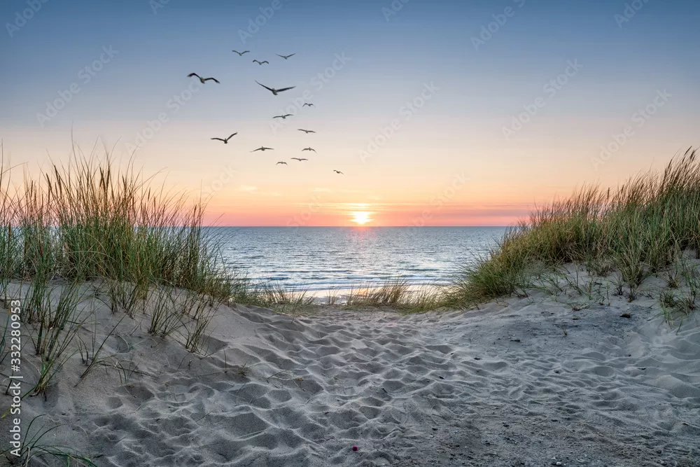 Fototapeta Wydmy na plaży o zachodzie słońca