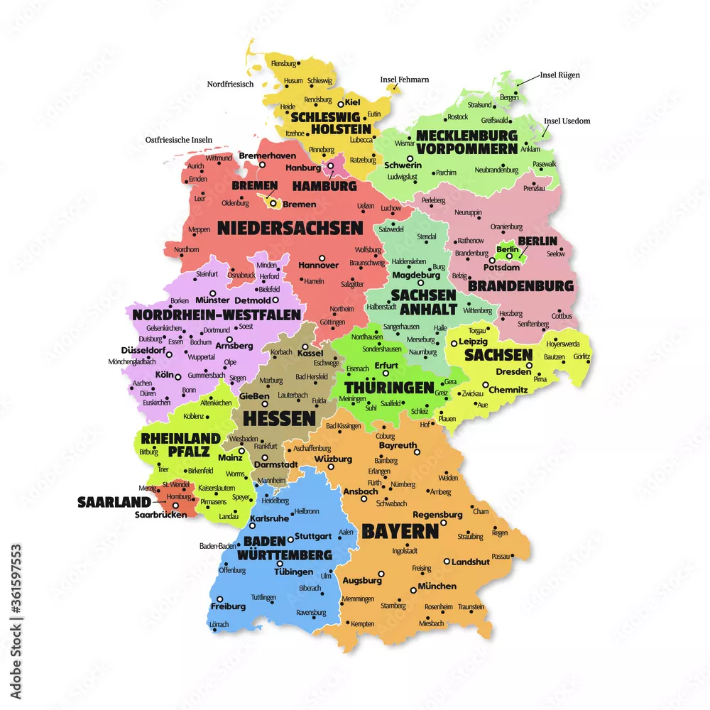 Obraz Mapa Administracyjna Niemiec: Kraje Związkowe i Stolice