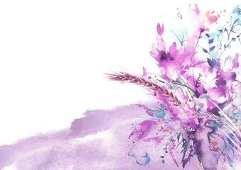 Obraz Akwarela bukiet kwiatów, piękny abstrakcyjny plusk farby, ilustracja mody. Kwiaty orchidei, maku, chabra, piwonii, róży, kwiatów polnych lub ogrodowych. kłos pszenicy. Akwarela streszczenie.