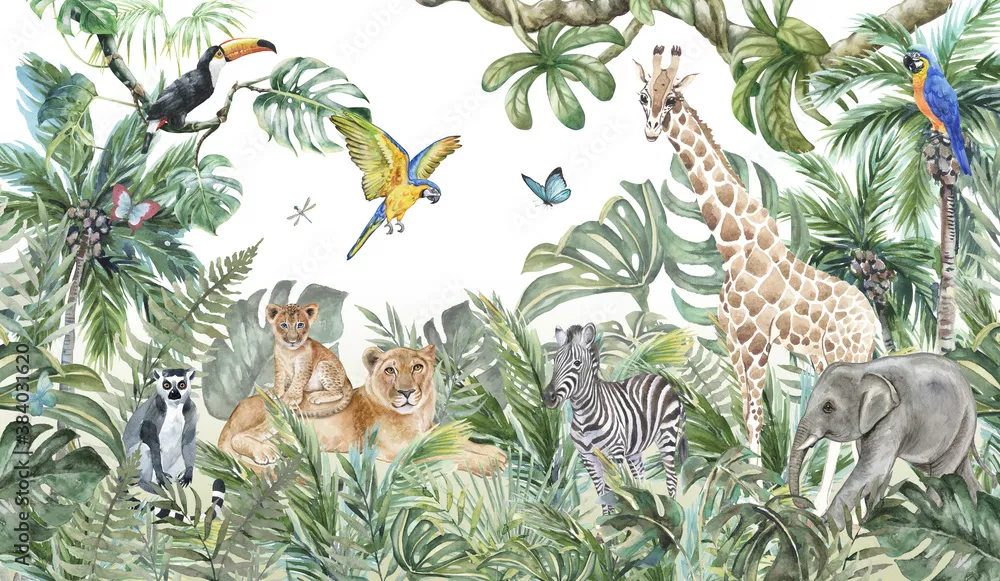 Obraz Tapeta dziecięca, akwarela dżungla i zwierzęta. Lwy, żyrafa, słoń, papugi, zebra, lemur
