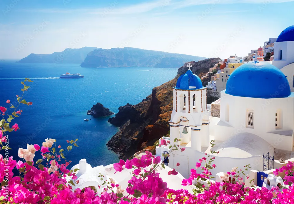 Obraz widok na kalderę z niebieskimi kopułami, Santorini