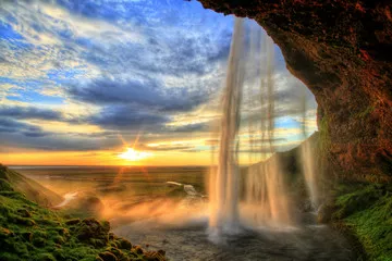 Obraz Seljalandsfoss siklawa przy zmierzchem w HDR, Iceland