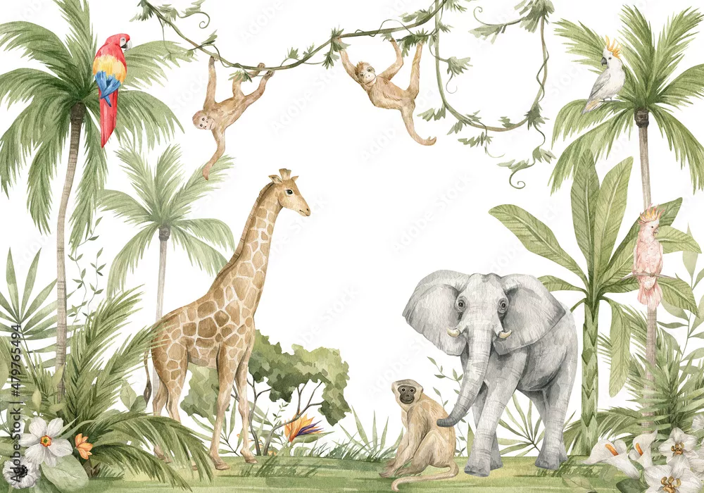 Fototapeta Skład akwareli z afrykańskimi zwierzętami i elementami naturalnymi. Słoń, żyraf, małpy, papugi, palmy, kwiaty. Safari Wild Creatures. Dżungla, tropikalna ilustracja tapety dla żłobków