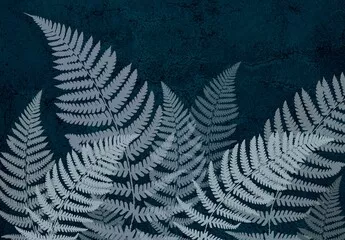 Fototapeta Elegancka Natura: Srebrzyste Paprocie na Głębokim Niebieskim Tle